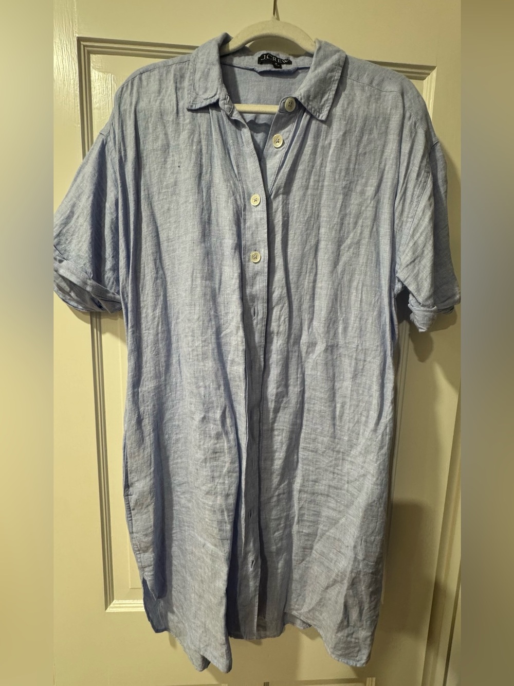 J. Crew Light Blue Short-Sleeve Button-Down Linen Dress